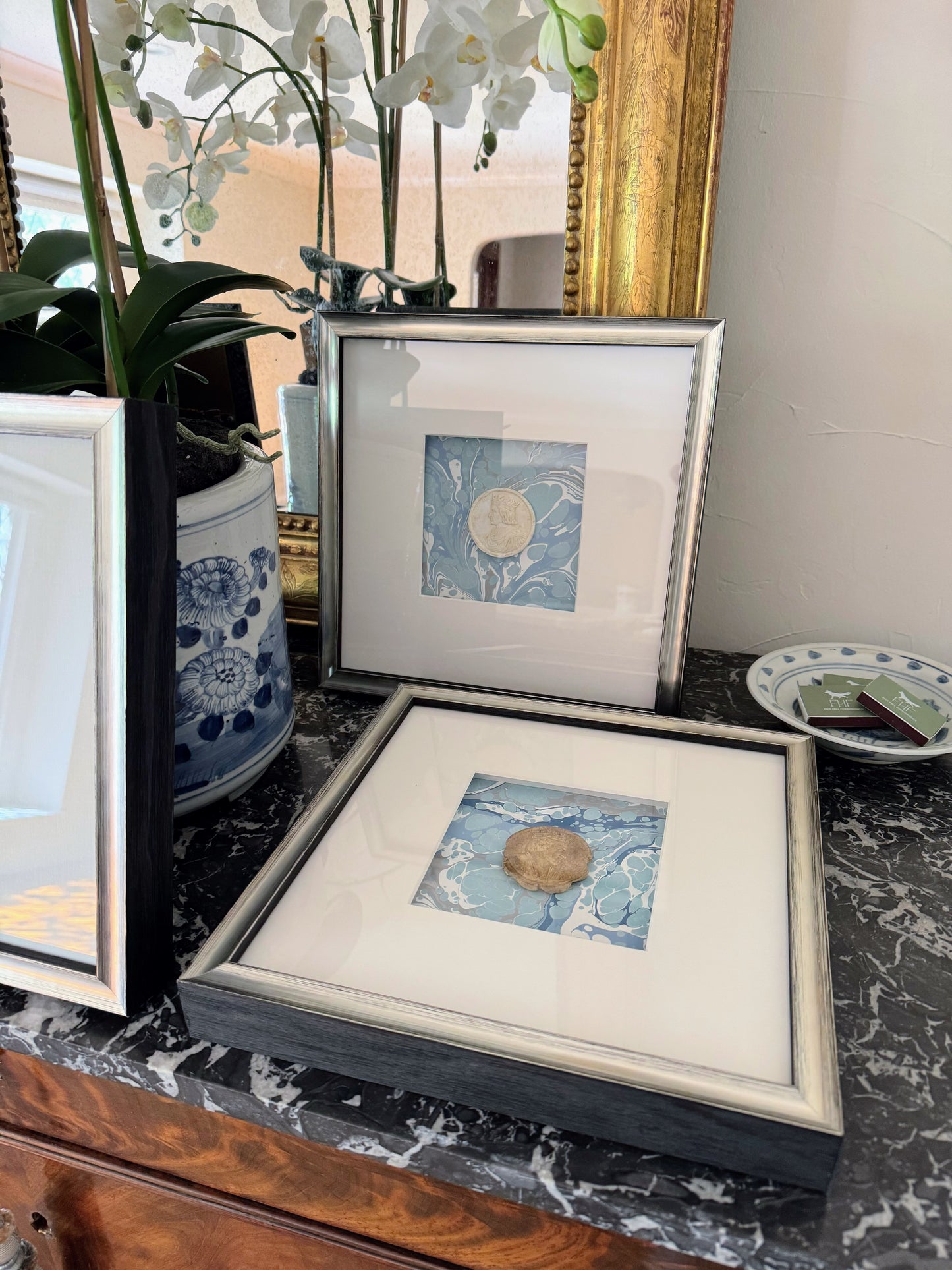 Framed Intaglios Mounted on Marbled Paper
