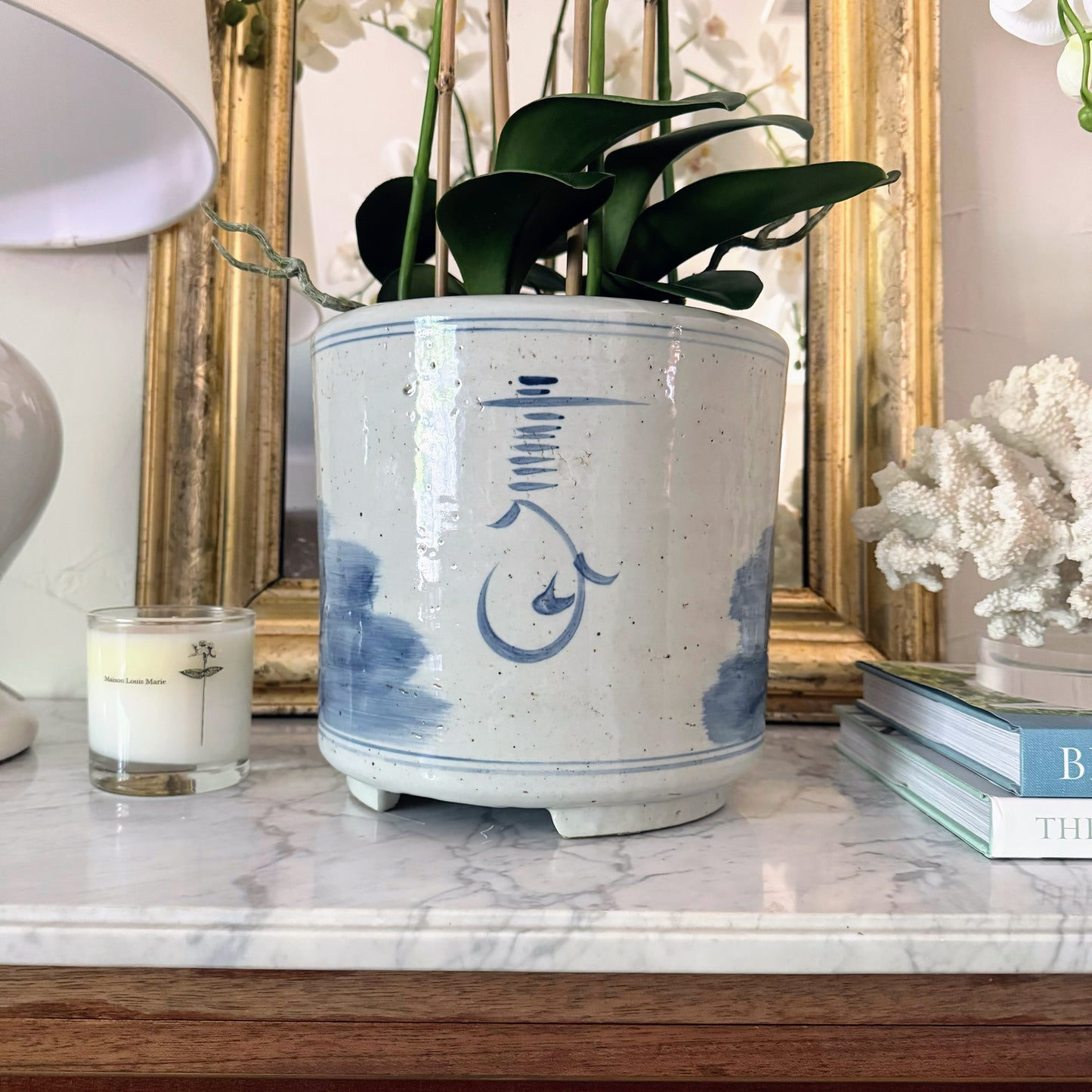 Blue & White Bird Motif Orchid Cache Pot