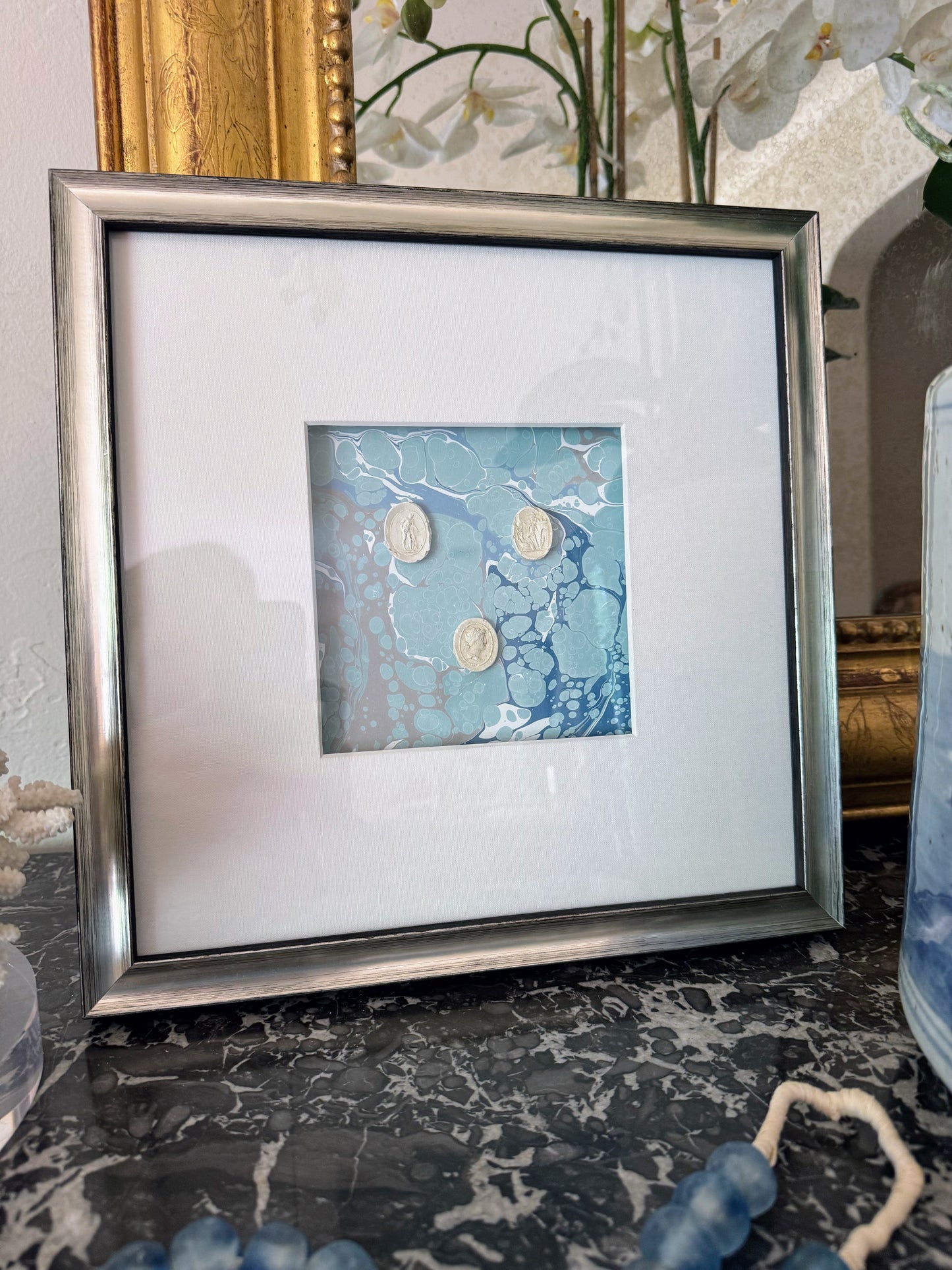 Framed Intaglios Mounted on Marbled Paper
