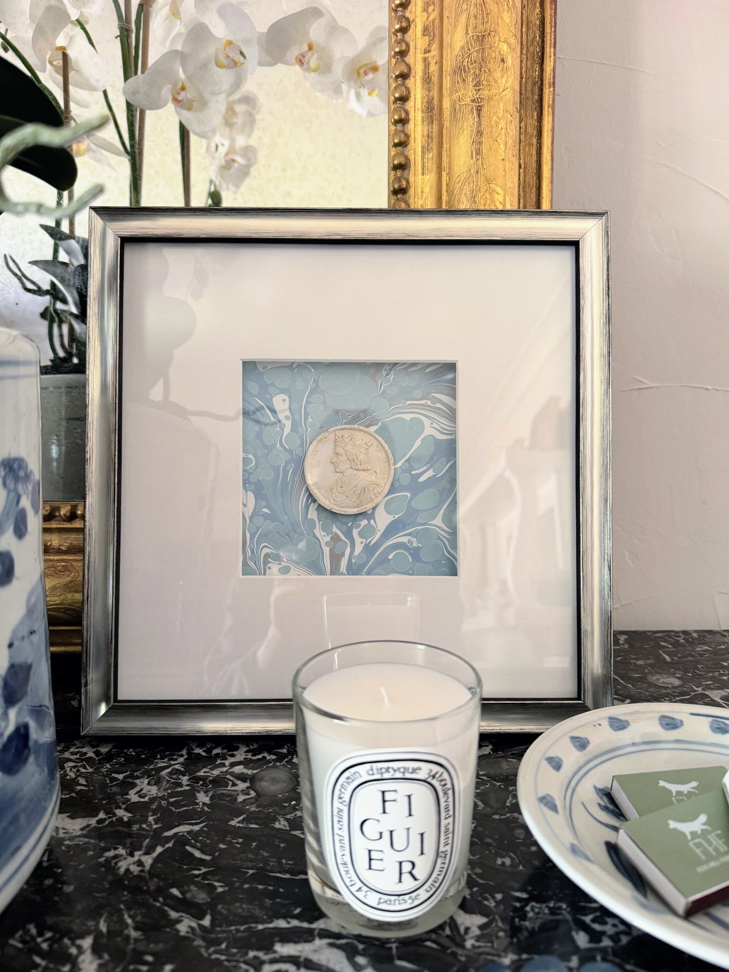 Framed Intaglios Mounted on Marbled Paper