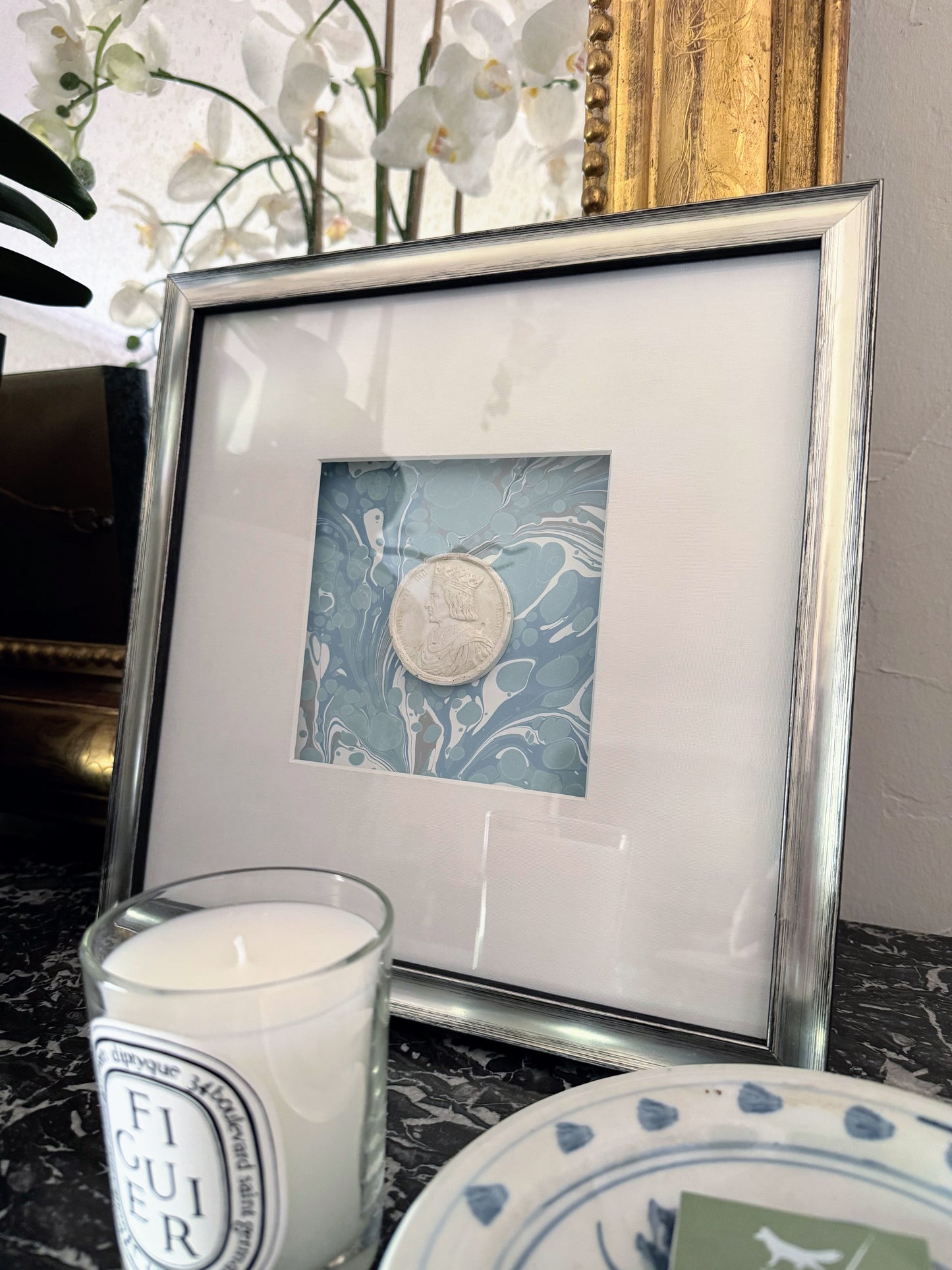 Framed Intaglios Mounted on Marbled Paper
