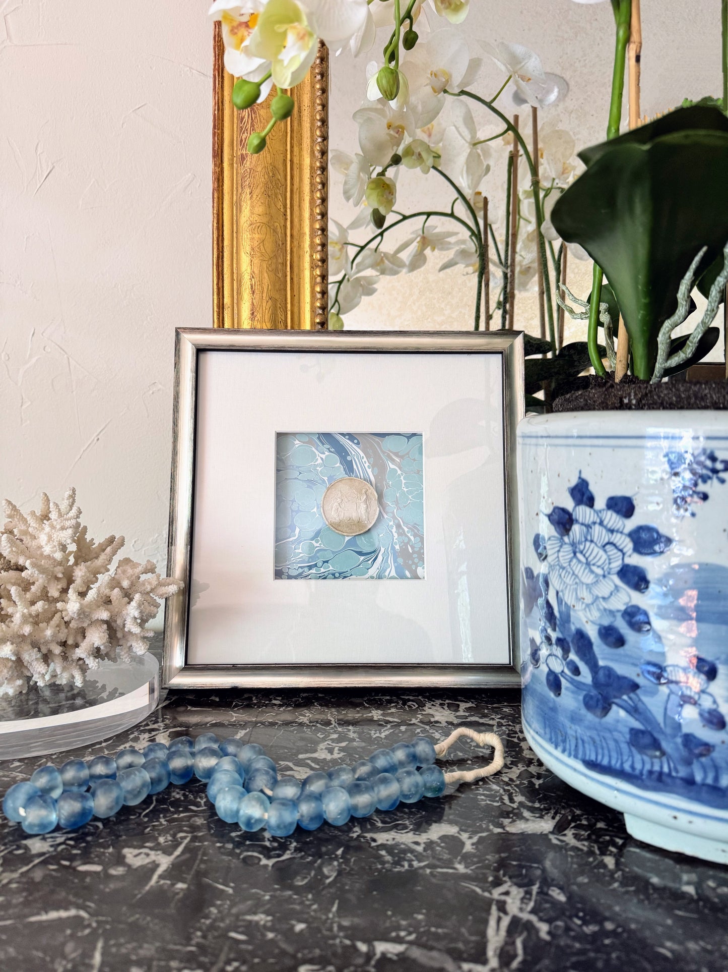 Framed Intaglios Mounted on Marbled Paper