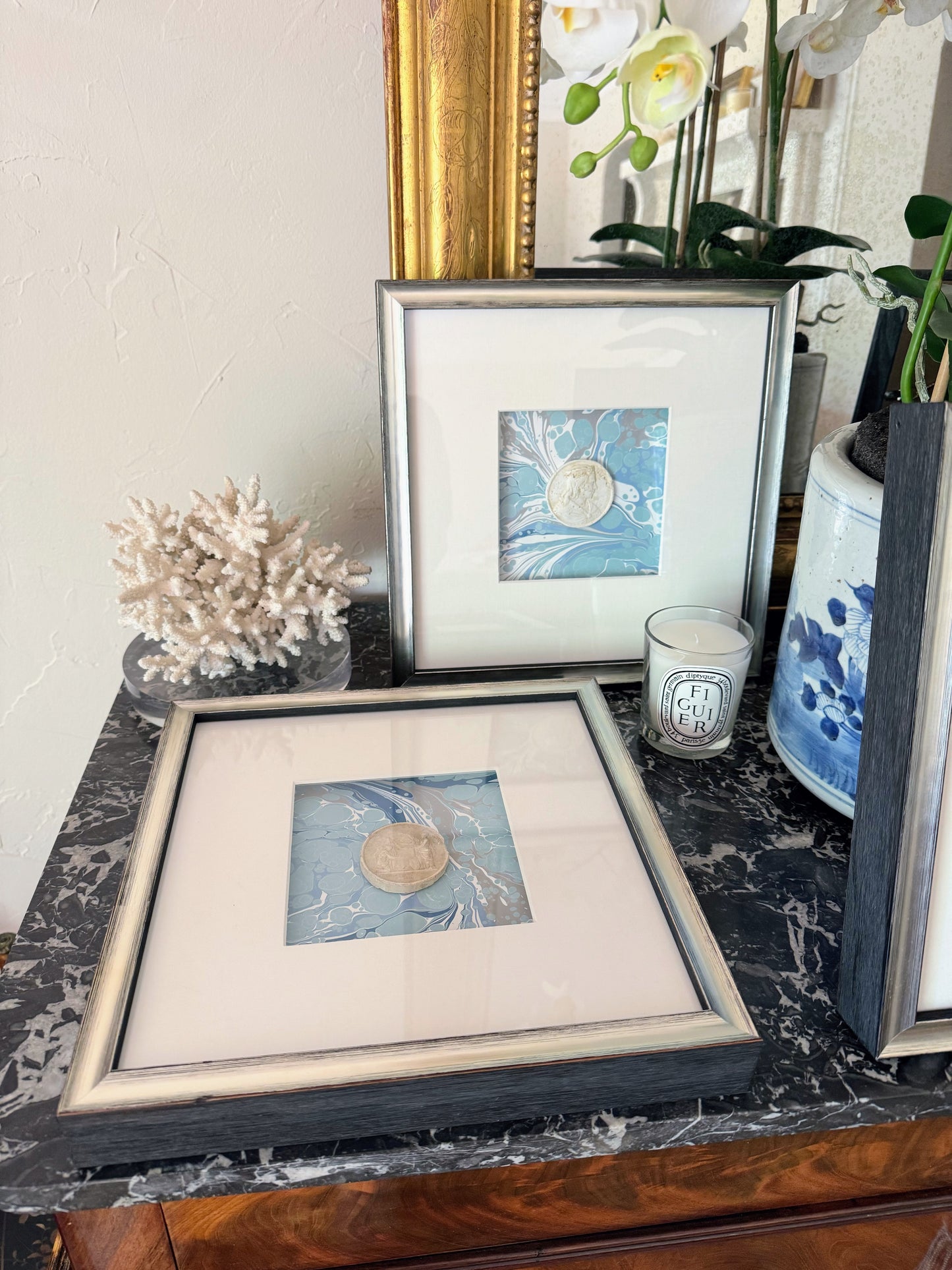 Framed Intaglios Mounted on Marbled Paper