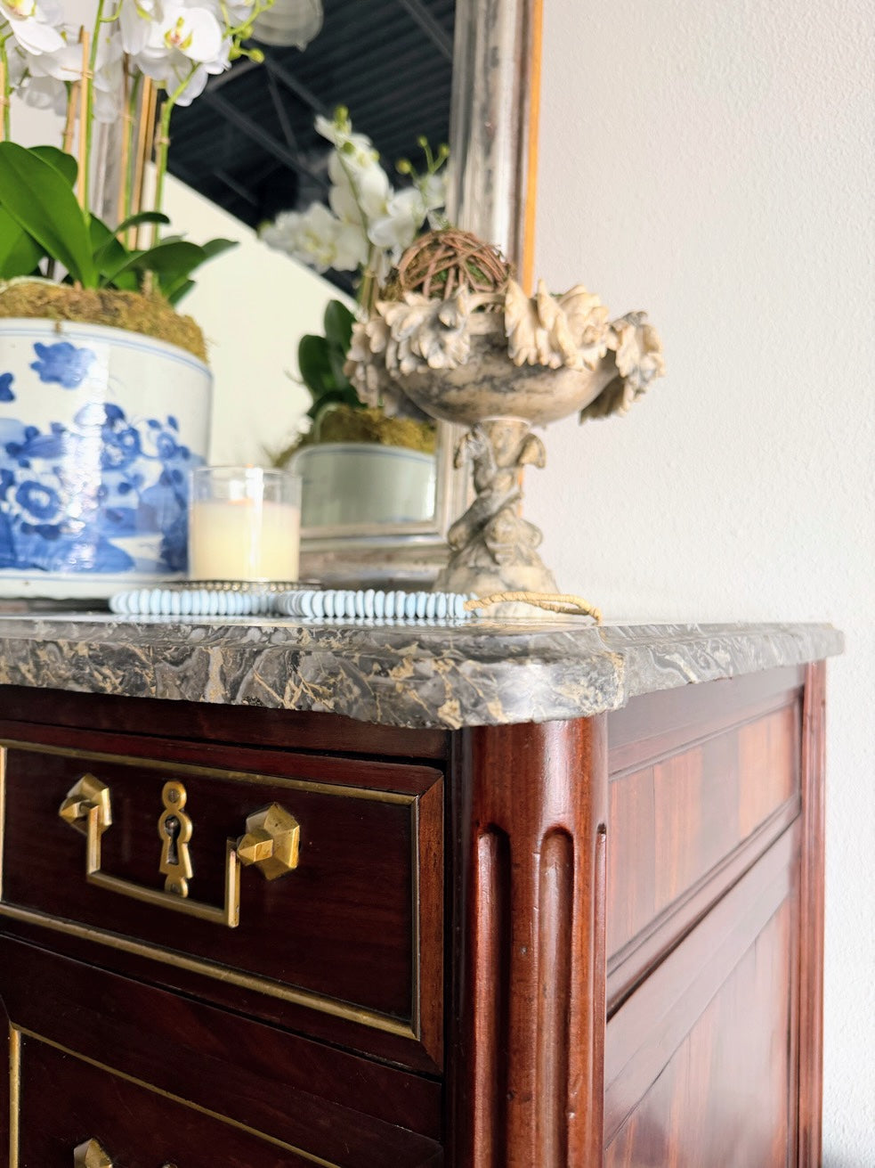 Antique French Louis XVI Grey Marble Top Commode