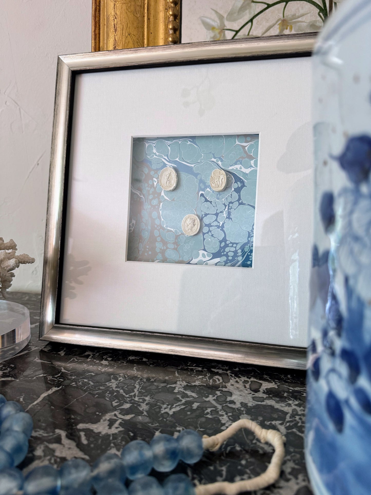 Framed Intaglios Mounted on Marbled Paper