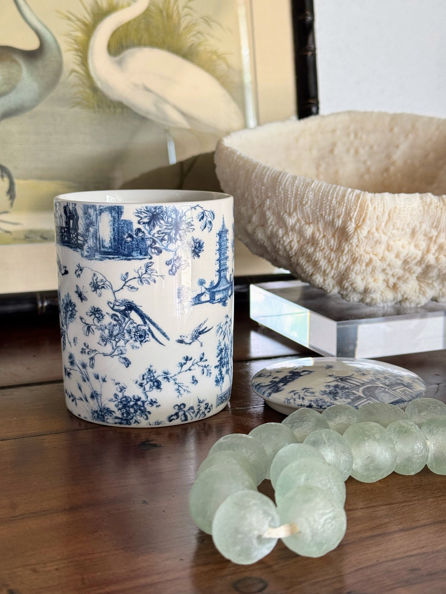 Navy Chinoiserie Toile Pattern Candle