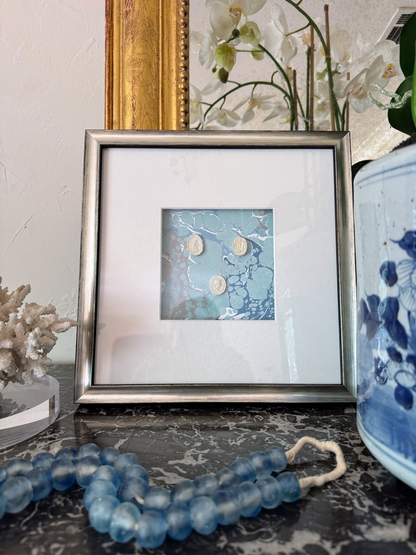 Framed Intaglios Mounted on Marbled Paper