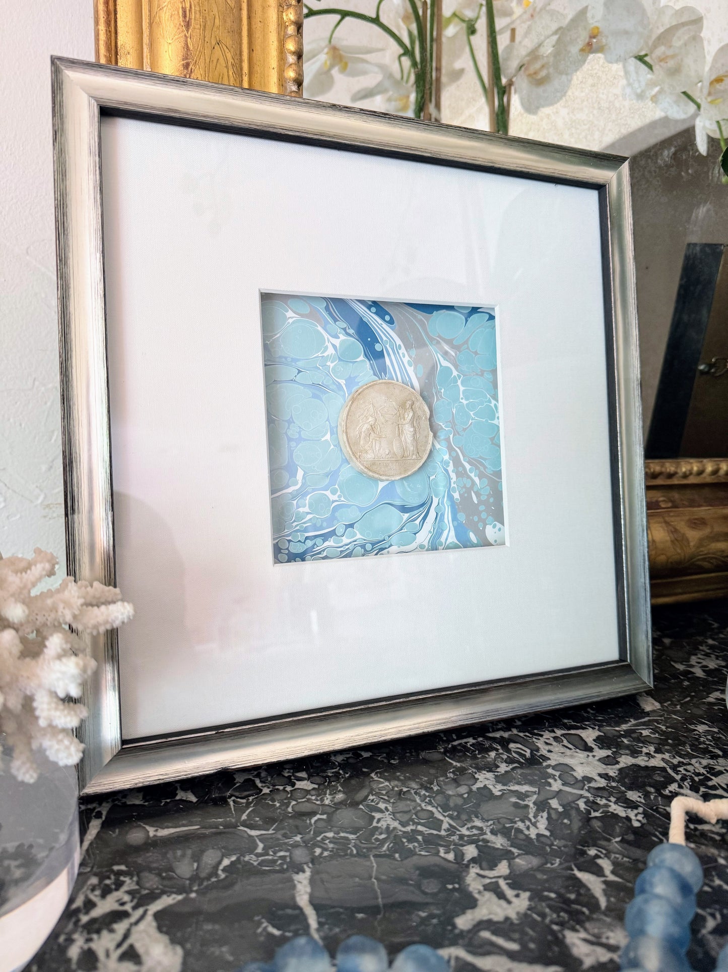 Framed Intaglios Mounted on Marbled Paper