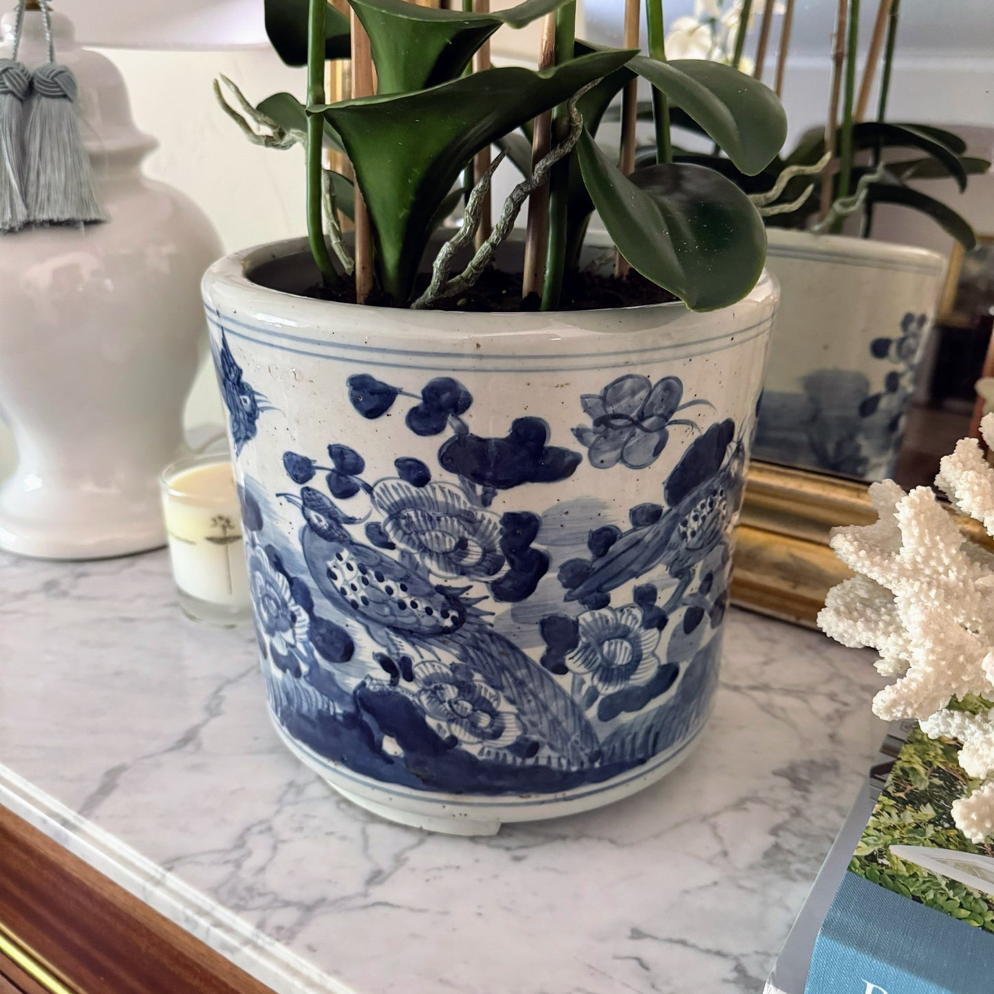 Blue & White Bird Motif Orchid Cache Pot