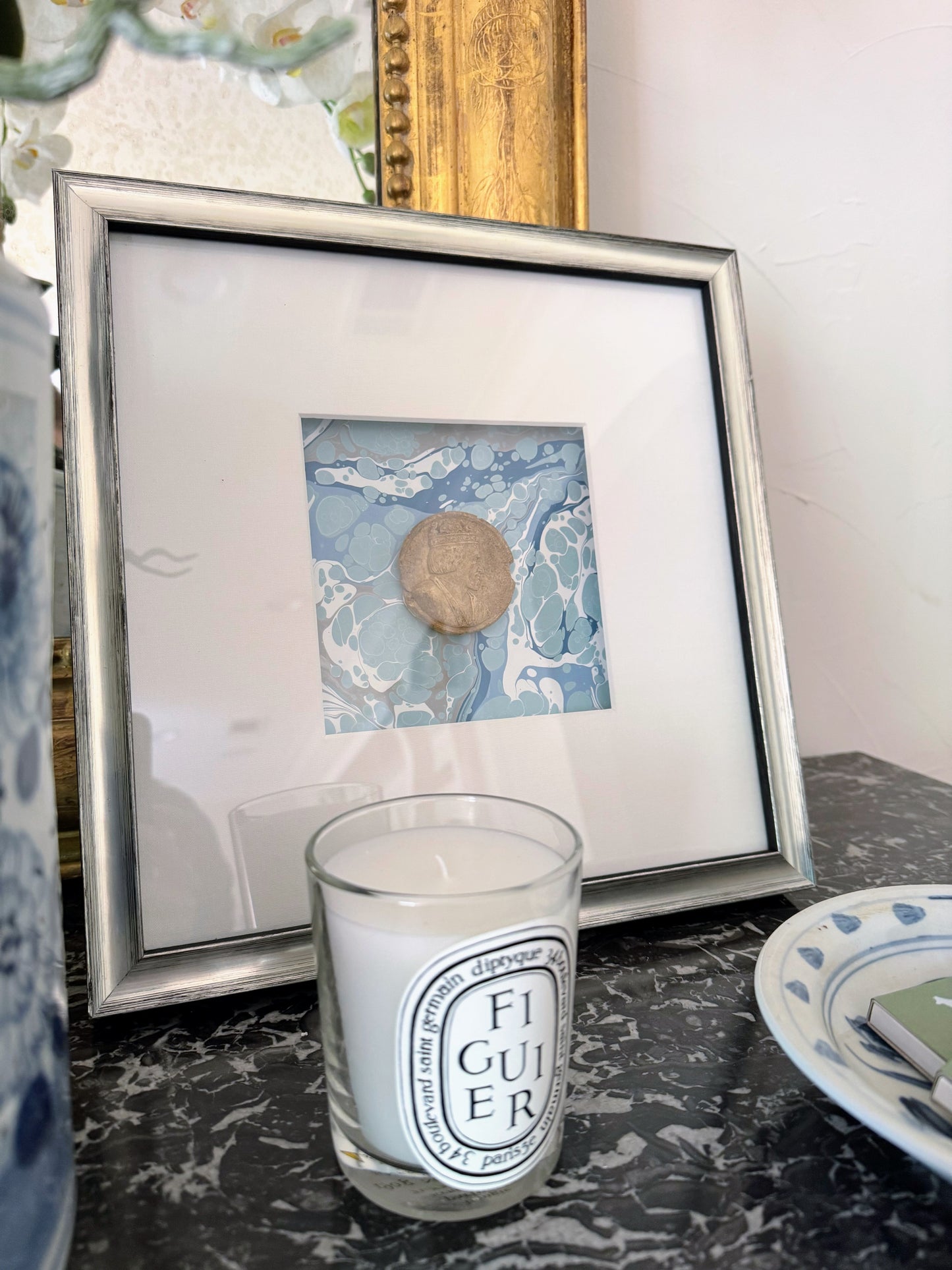 Framed Intaglios Mounted on Marbled Paper