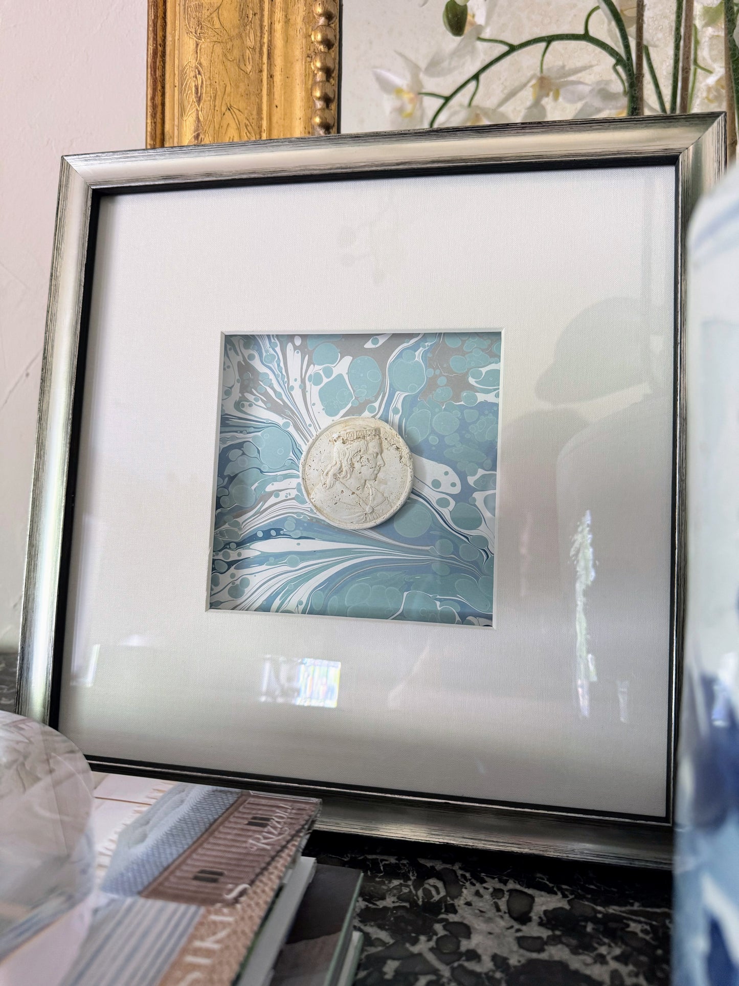 Framed Intaglios Mounted on Marbled Paper