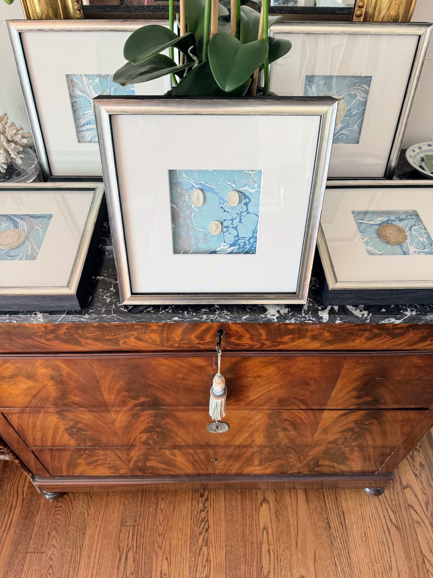 Framed Intaglios Mounted on Marbled Paper