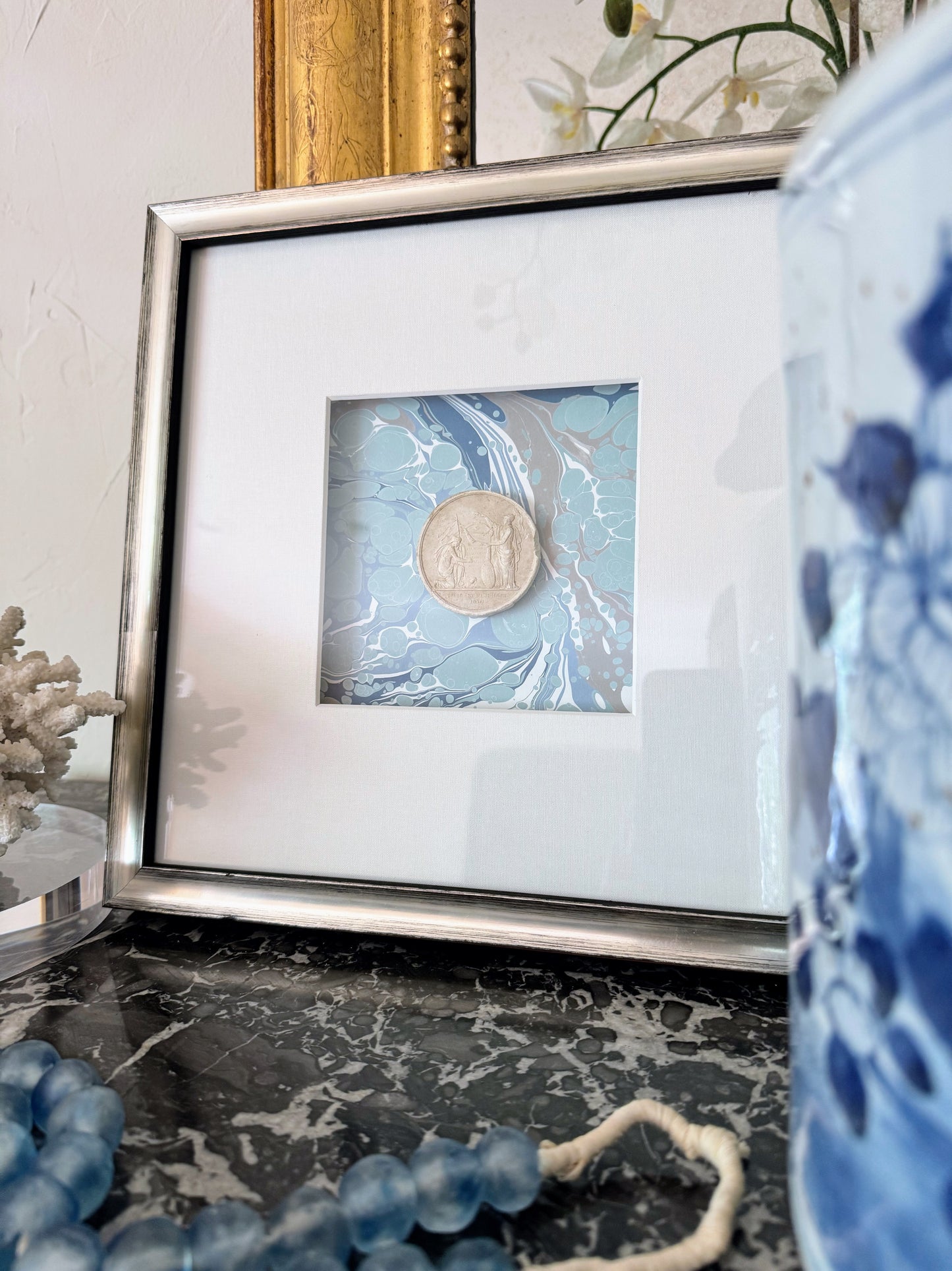 Framed Intaglios Mounted on Marbled Paper