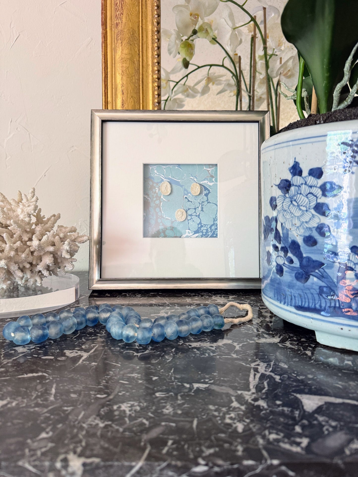 Framed Intaglios Mounted on Marbled Paper