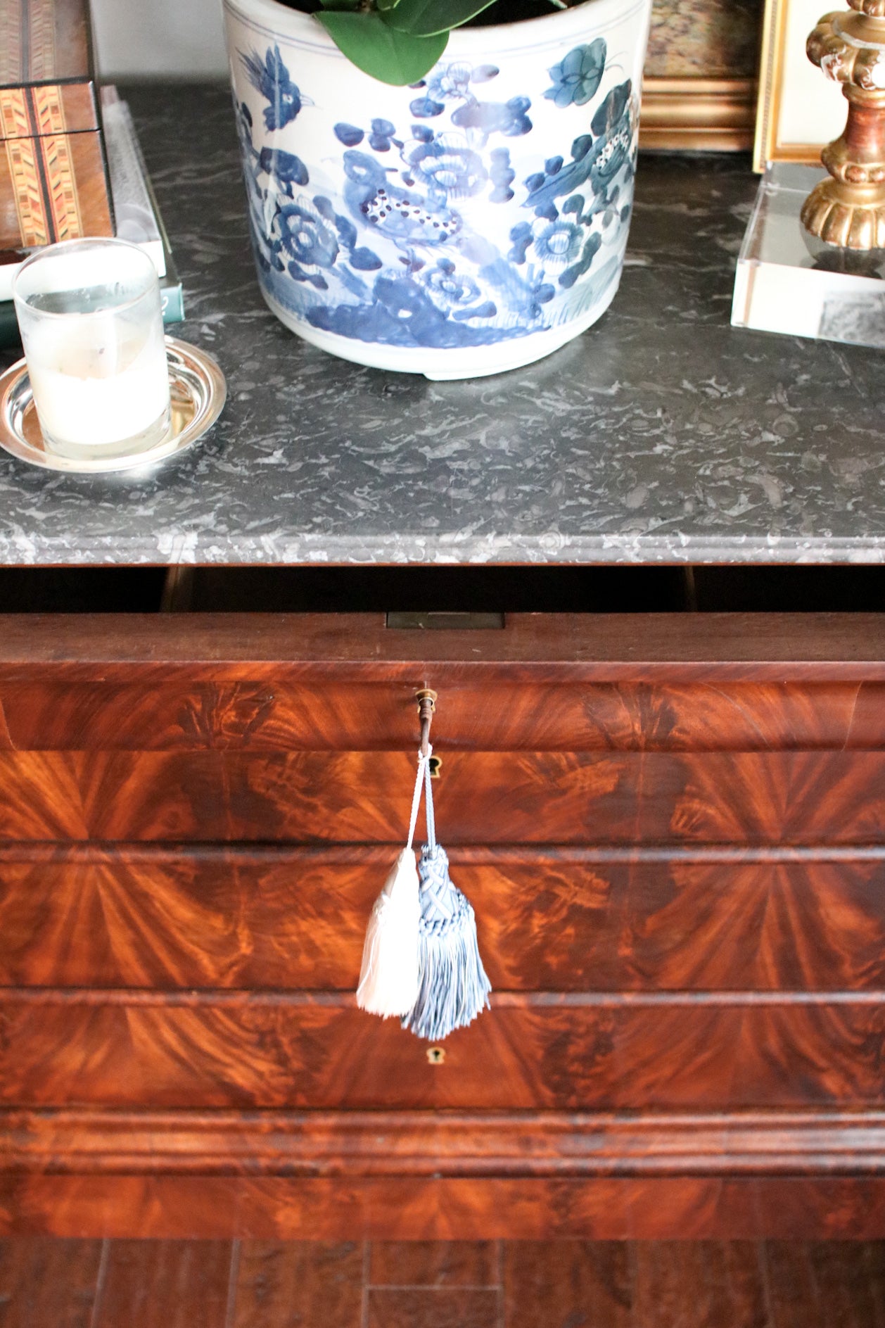 French Louis Philippe Flame Mahogany Grey Marble Top Commode