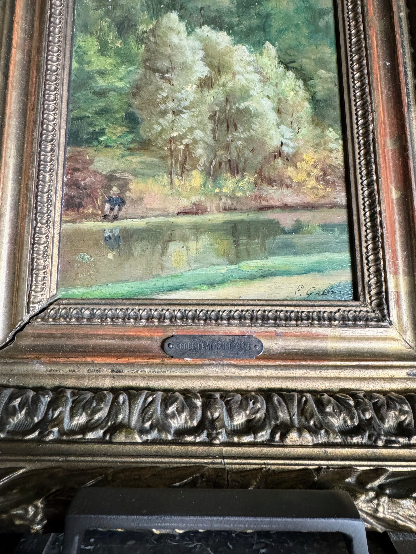 Framed Oil on Board of Fisherman By Pond