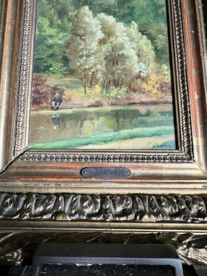 Framed Oil on Board of Fisherman By Pond