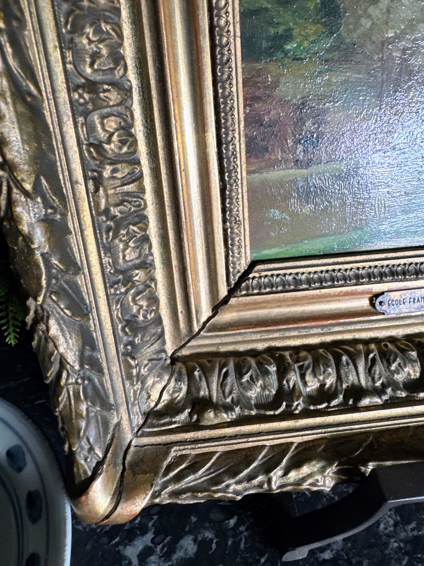 Framed Oil on Board of Fisherman By Pond