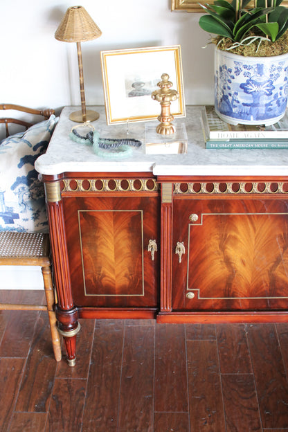 French Louis XVI Flame Mahogany White Marble Top 3 Door Sideboard