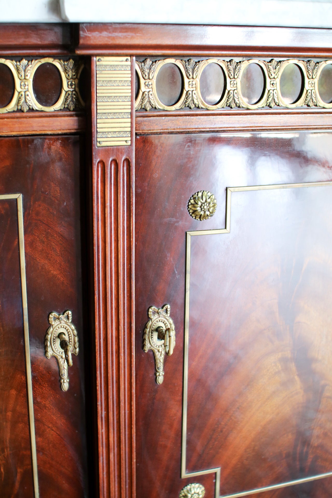 French Louis XVI Flame Mahogany White Marble Top 3 Door Sideboard