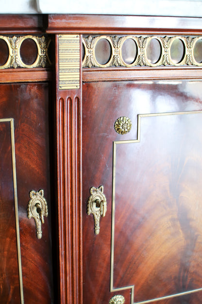 French Louis XVI Flame Mahogany White Marble Top 3 Door Sideboard