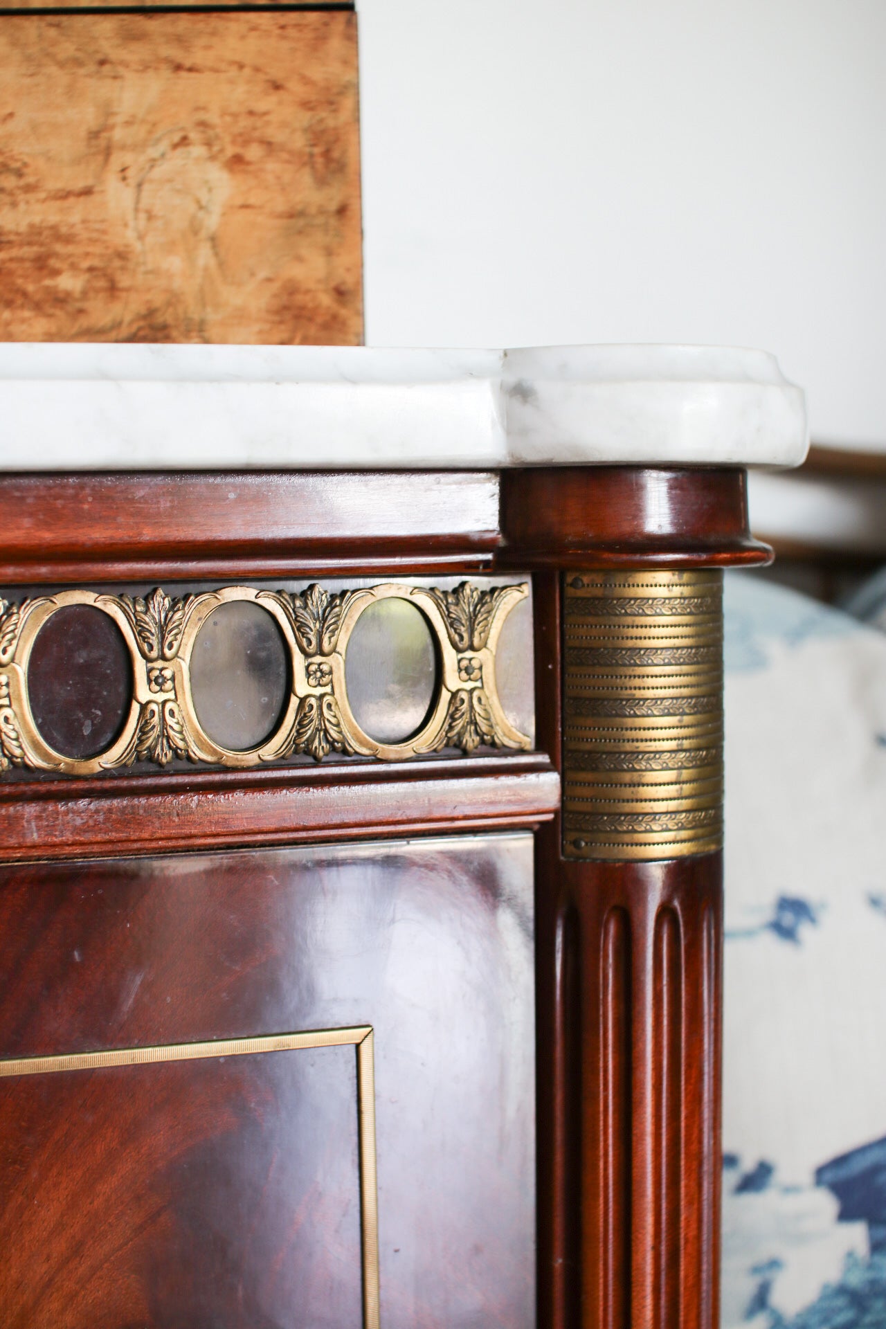 French Louis XVI Flame Mahogany White Marble Top 3 Door Sideboard