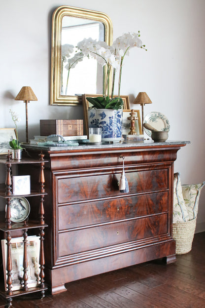 French Louis Philippe Flame Mahogany Grey Marble Top Commode