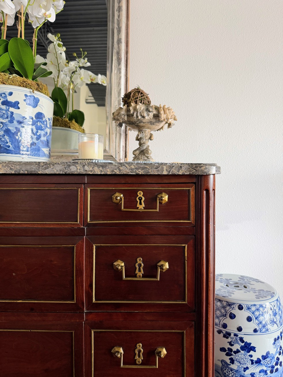 Antique French Louis XVI Grey Marble Top Commode