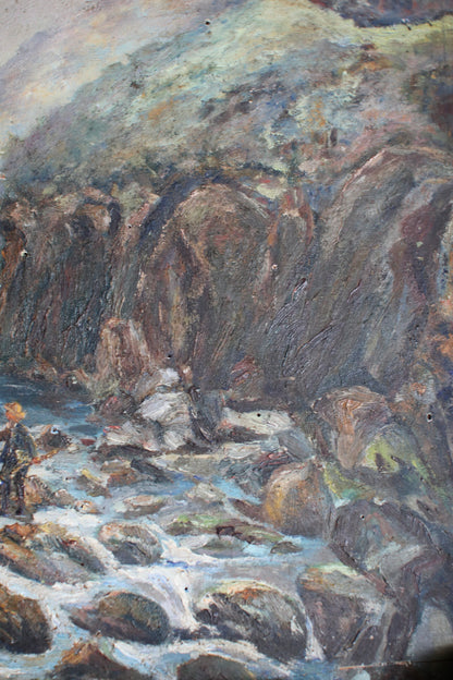 French Painting of Fisherman by River