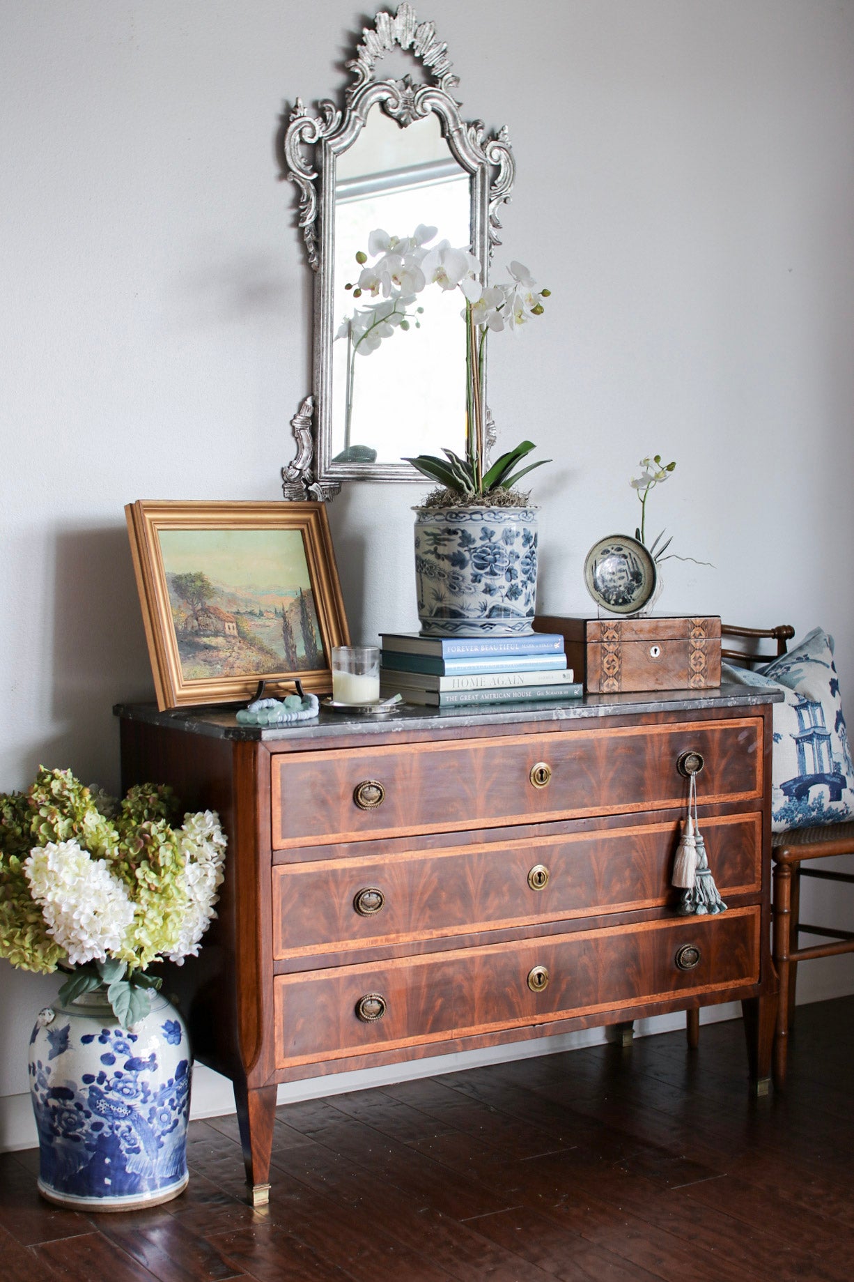 French Louis XVI Flame Mahogany Grey Marble Top Commode
