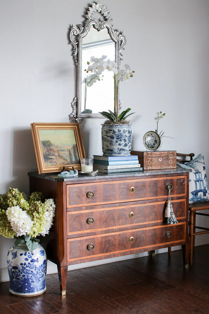 French Louis XVI Flame Mahogany Grey Marble Top Commode