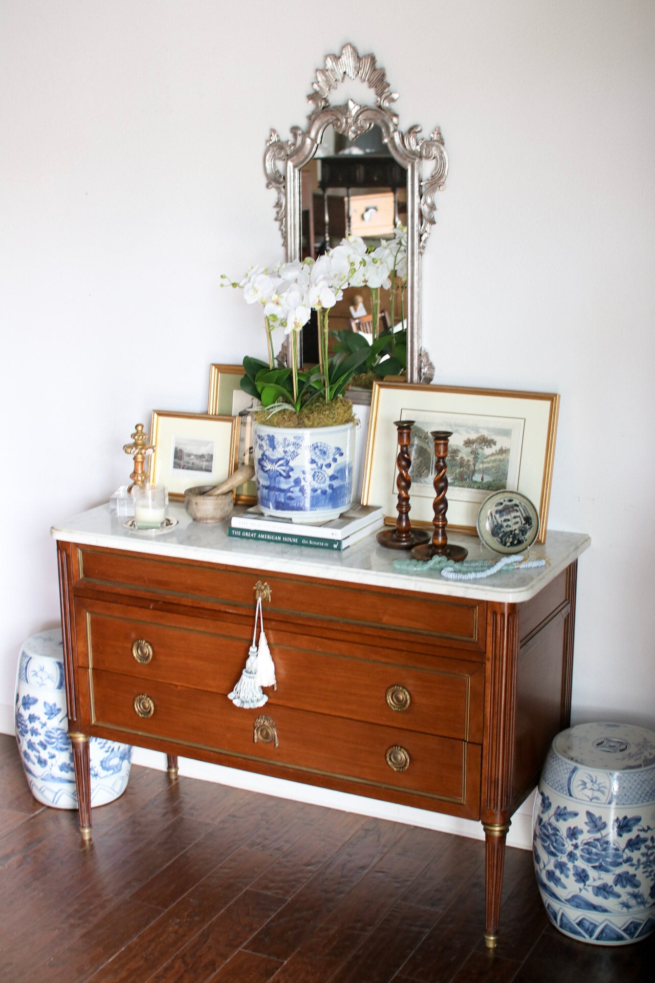 French Louis XVI White Marble Top Commode