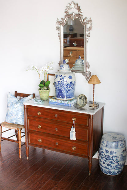 French Louis XVI Style White Marble Top Commode