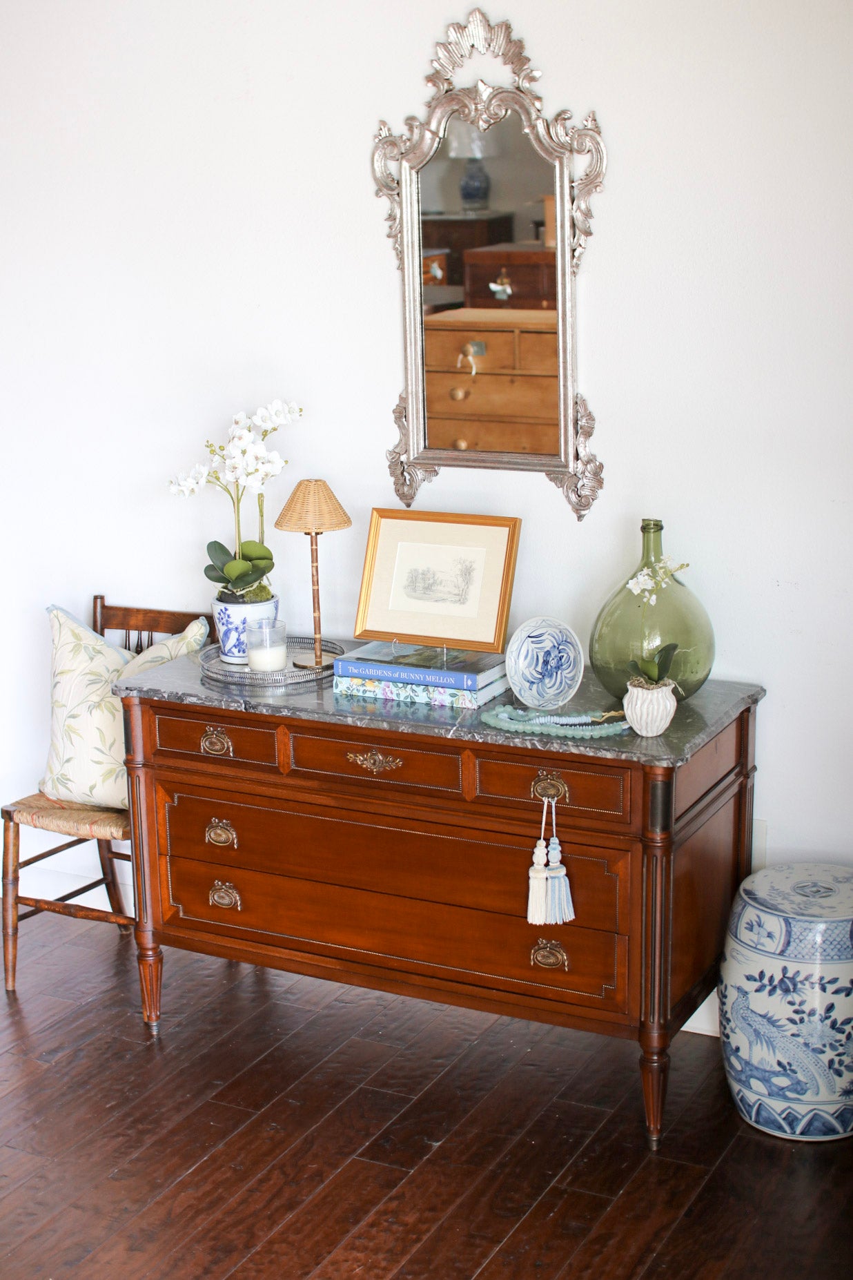 French Louis XVI Style Grey Marble Top Commode