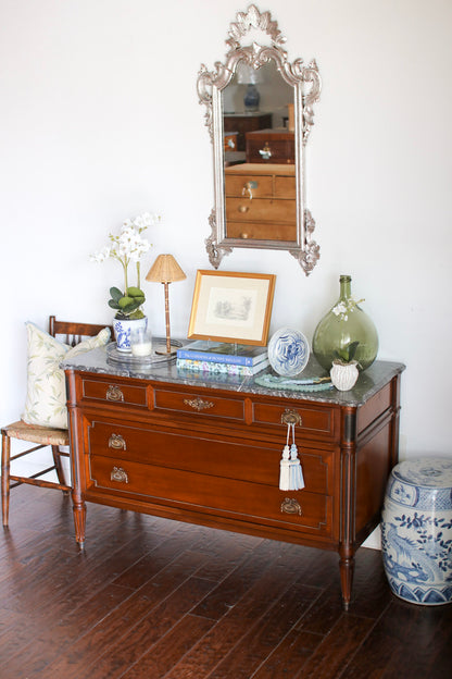 French Louis XVI Style Grey Marble Top Commode