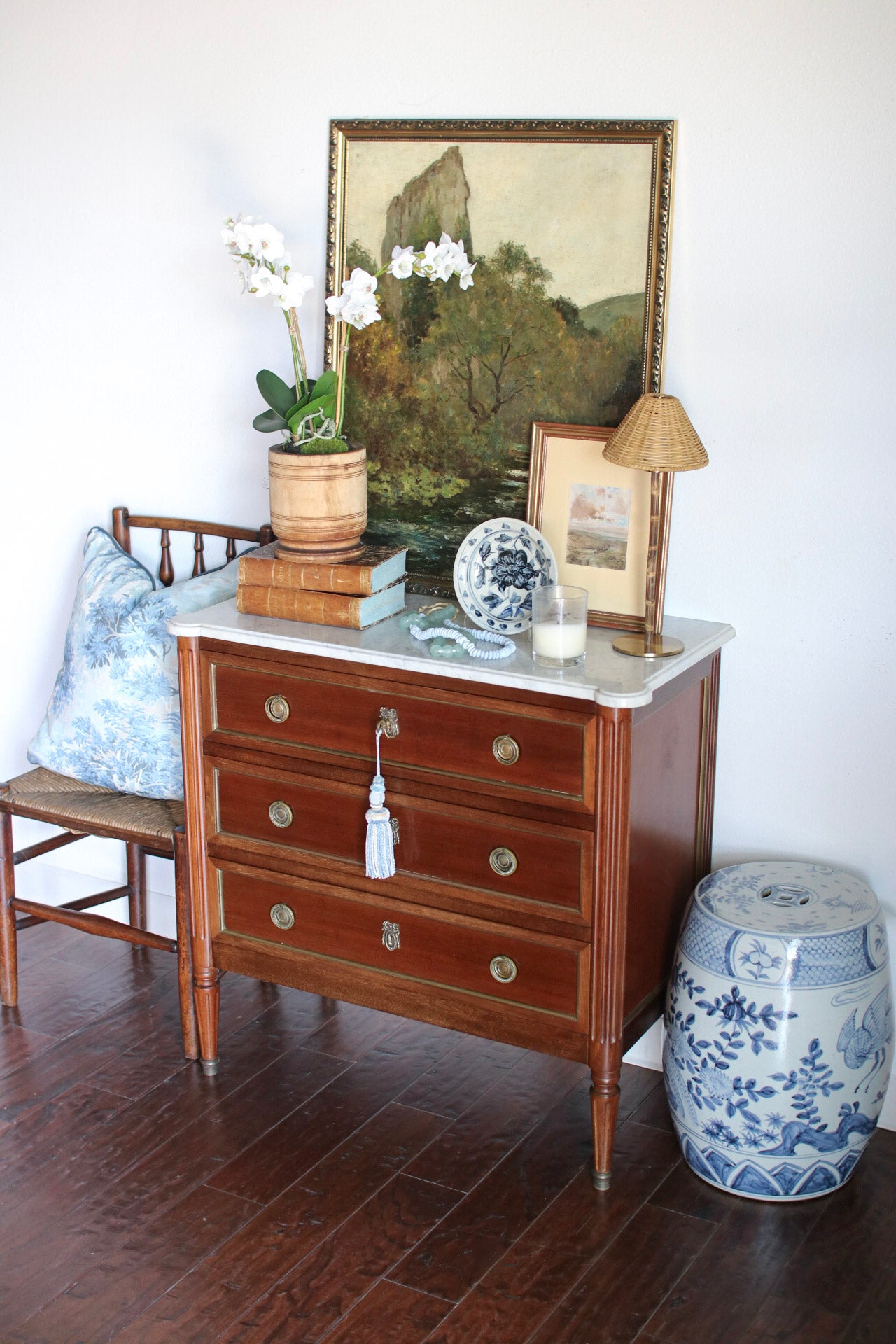 French Louis XVI Petite White Marble Top Commode