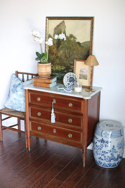 French Louis XVI Petite White Marble Top Commode