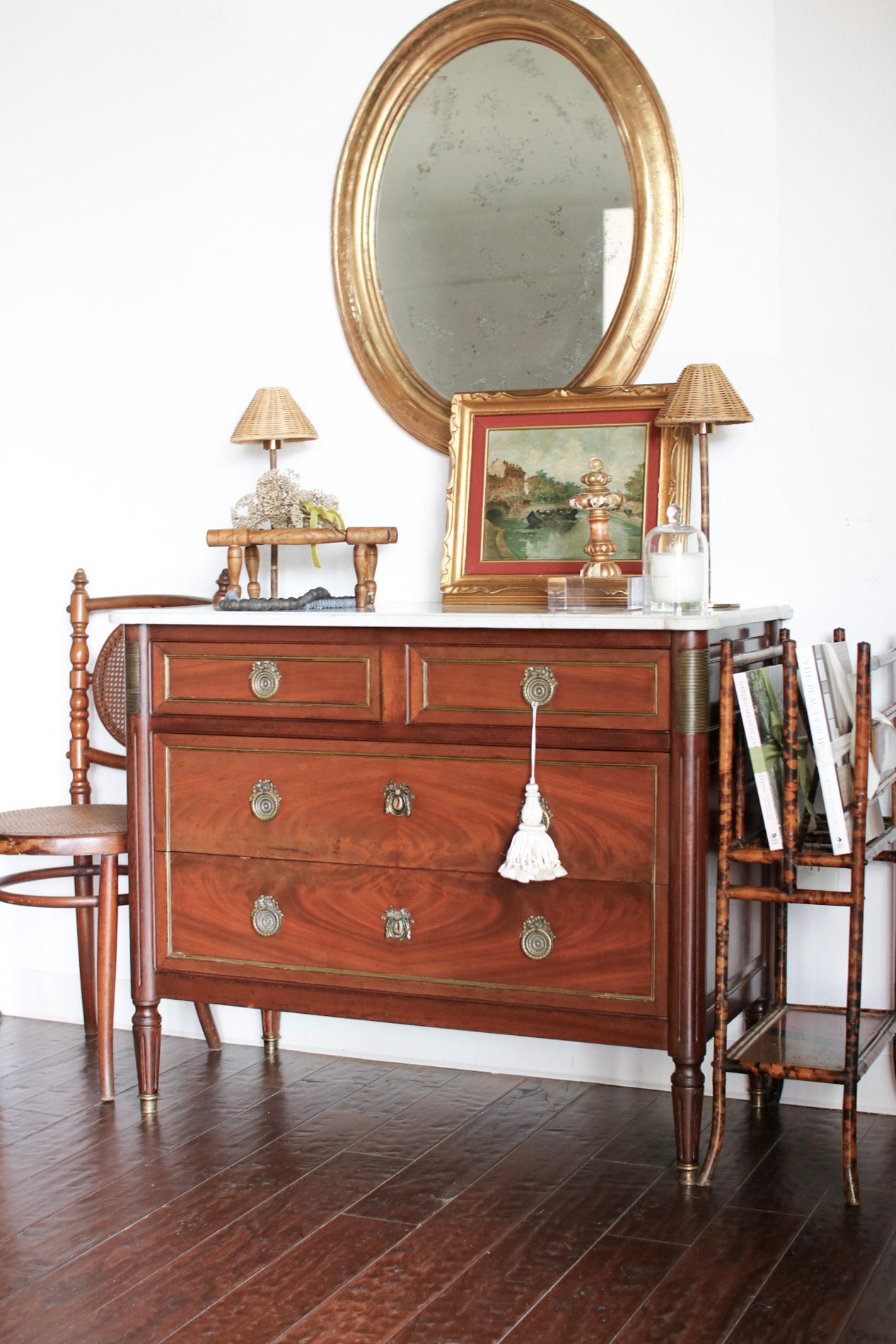 French Louis XVI Style White Marble Top Commode