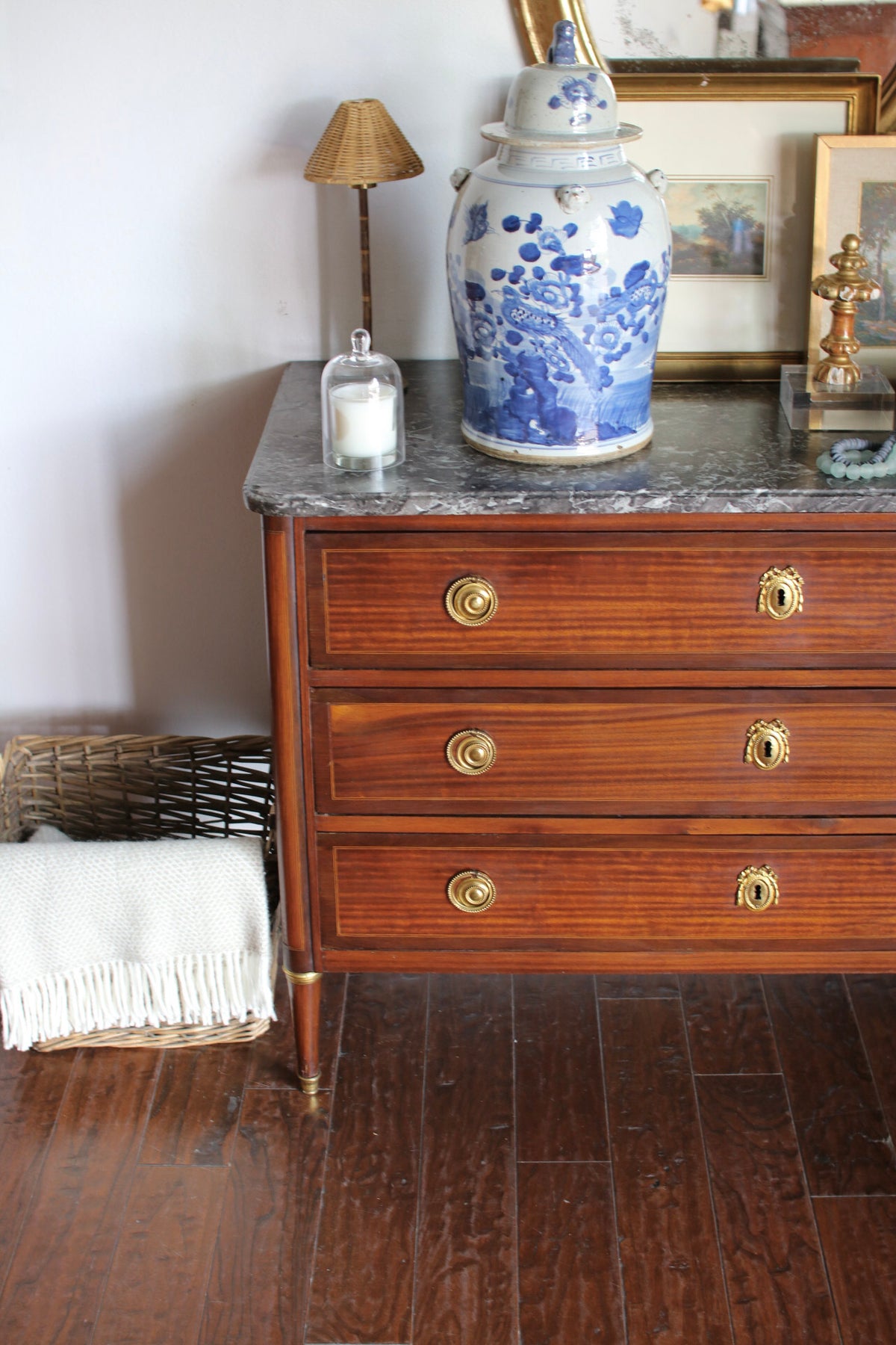 Antique French Louis XVI Grey Marble Top Commode with Inlay