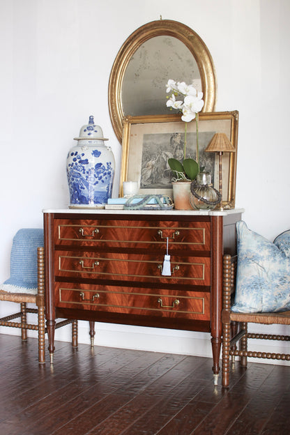 French Louis XVI Flame Mahogany White Marble Top Commode