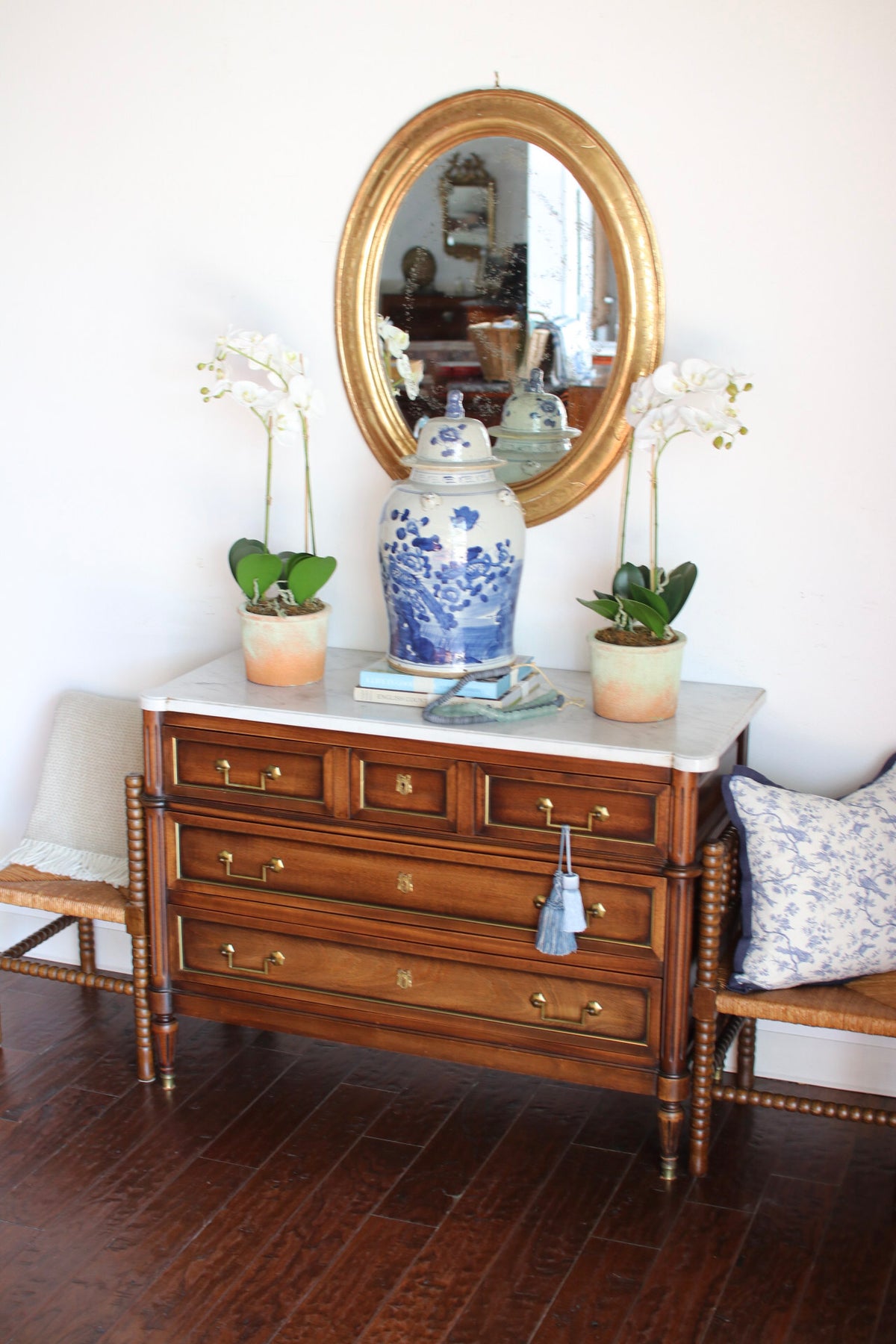 French Louis XVI White Marble Top Commode