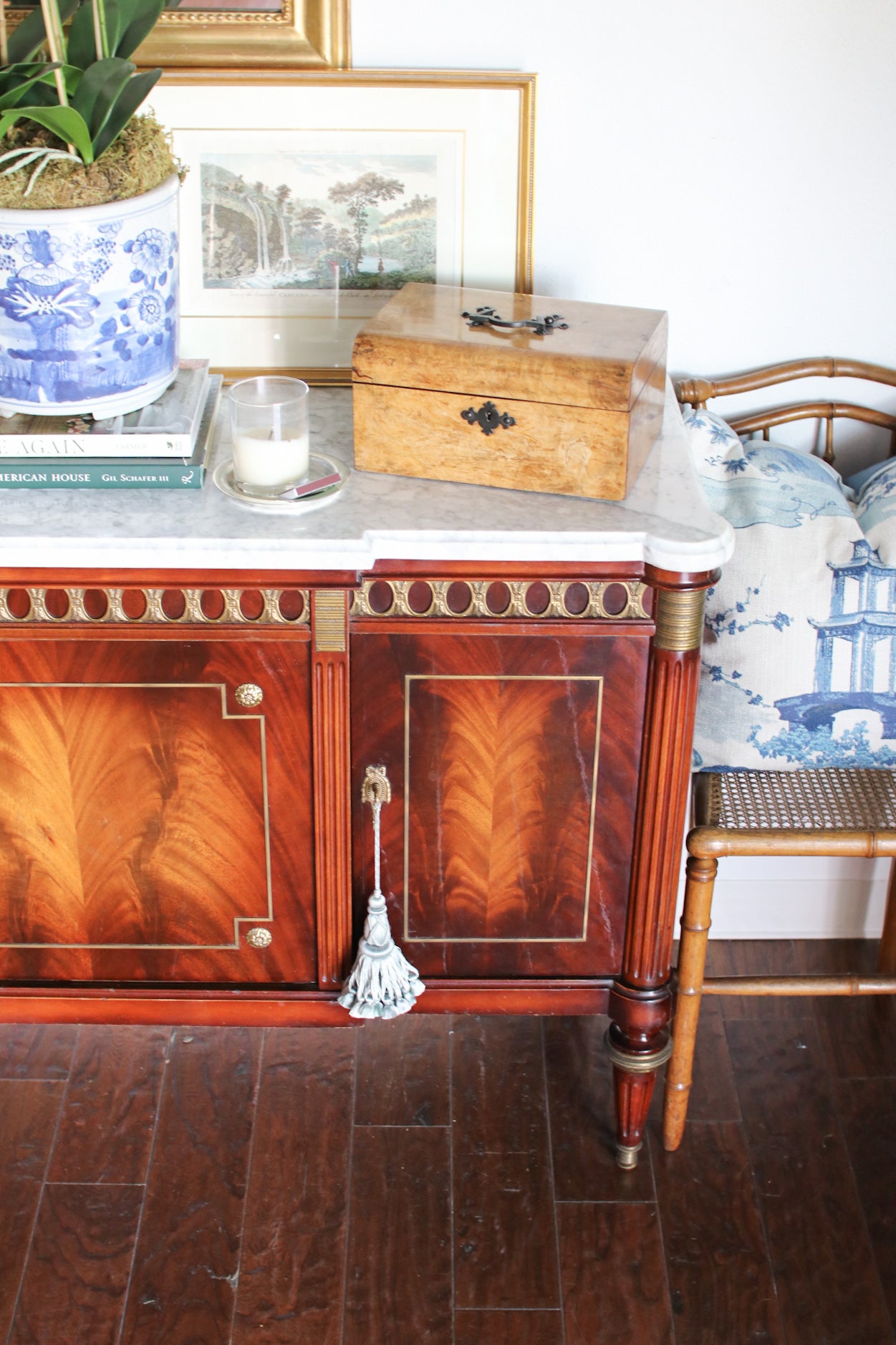 French Louis XVI Flame Mahogany White Marble Top 3 Door Sideboard