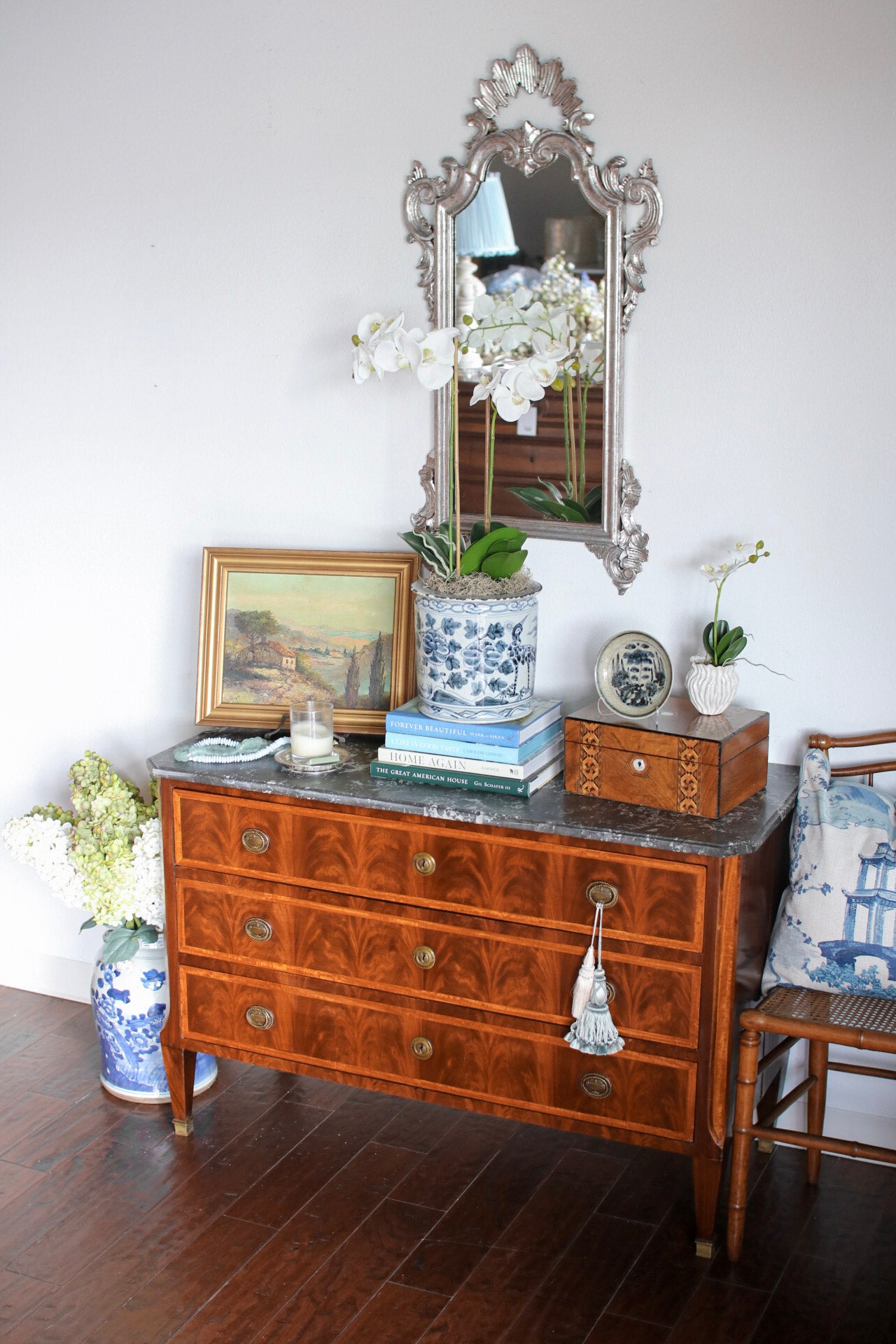 French Louis XVI Flame Mahogany Grey Marble Top Commode