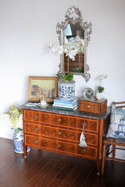 French Louis XVI Flame Mahogany Grey Marble Top Commode