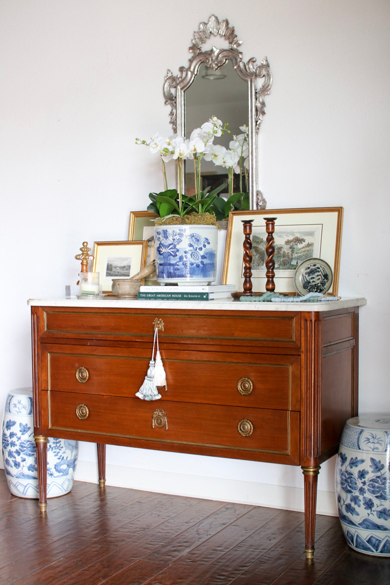 French Louis XVI White Marble Top Commode
