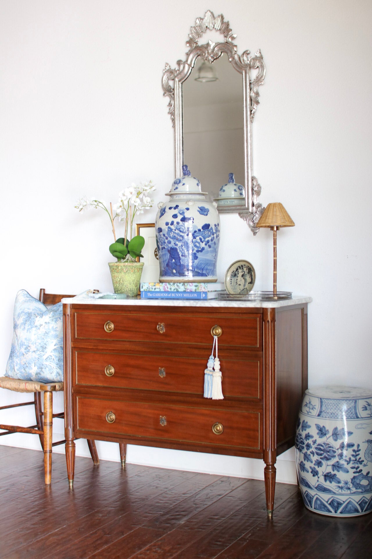French Louis XVI Style White Marble Top Commode