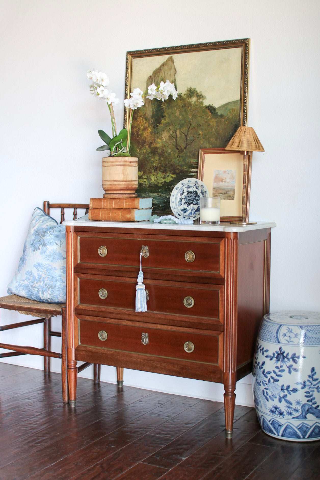 French Louis XVI Petite White Marble Top Commode