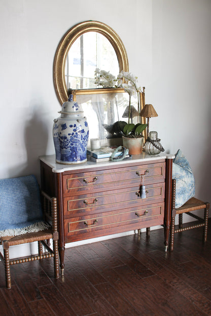 French Louis XVI Flame Mahogany White Marble Top Commode