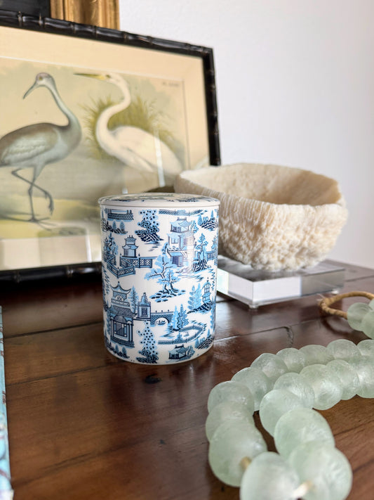 Navy & Light Blue Chinoiserie Toile Pattern Candle