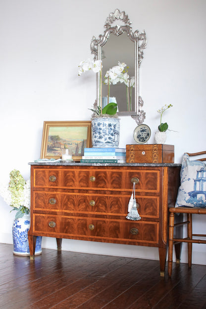 French Louis XVI Flame Mahogany Grey Marble Top Commode